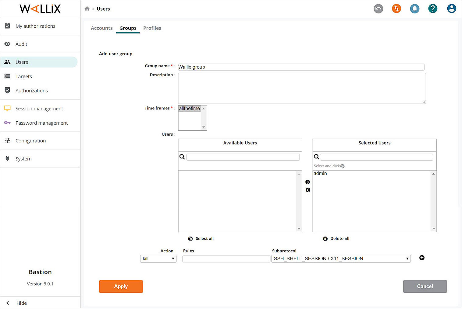 Screen shot of the Add user group page